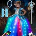 Princess Dress Up for Girls, RGB LED Light Up Syncs Music App Control, Toddler Princess Dress Up Halloween Costume (5-6 Years, Blue)