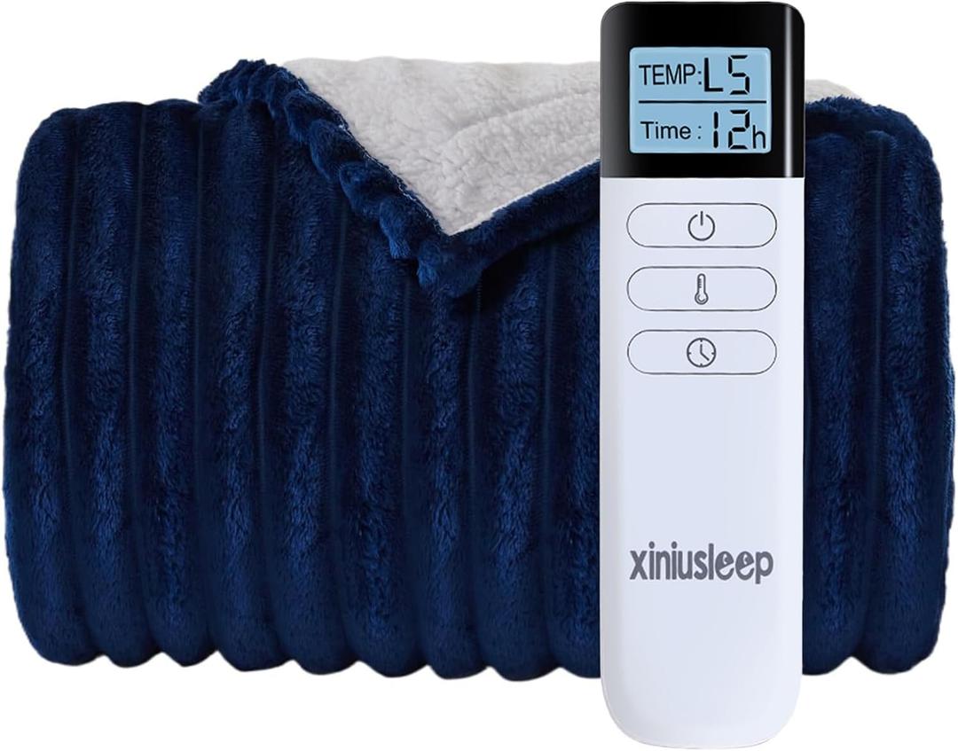 Heated Blanket Electric Blanket 90"x90", Soft Flannel Sherpa Electric Throw with 5 Heating Level & 12 Times Setting, Heated Throw with Overheating Protection, Machine Washable (Navy Blue)