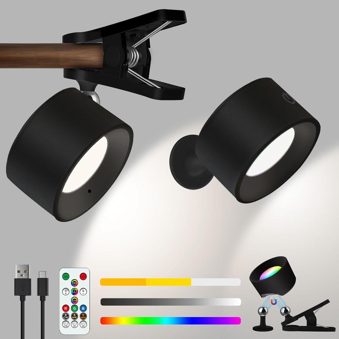 Adetu 2 Pcs LED Wall Mounted Lights, RGB Wall Sconces Lamp with Rechargeable Battery Operated USB Port, 3 Color Temperatures & Dimmable Magnetic 360 Rotation Cordless Light for Bedroom Bedside