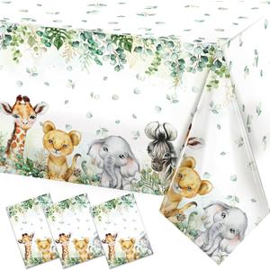 TREWAVE 3 Pcs Jungle Safari Animal Tablecloths Wild Animals Plastic Table Cover Wild Creatures Printed Tablecloth for Boy Girl Baby Shower Birthday Table Decoration Supplies, 54" x 108"