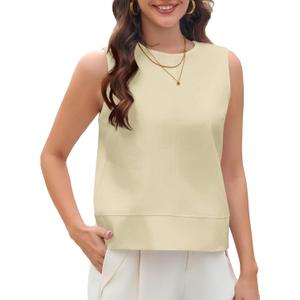 MAKABO Women's Linen Tank Tops Crew Neck Vest Top Office Work Sleeveless Blouses (Medium, Beige)