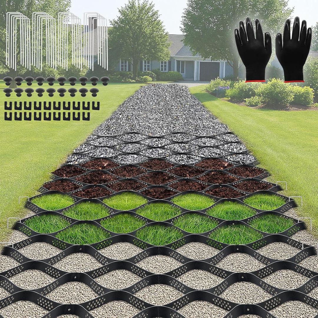 Gravel Grid 33 x 4 FT, Gravel Stabilizer Grid for Permeable Pavers Base, Geogrid 1900 Lbs/Sq Ft Load for DIY Driveway Parking Walkway Pathway Dirt Locker Slope - 2" Thick & Gloves & Landscape Staples