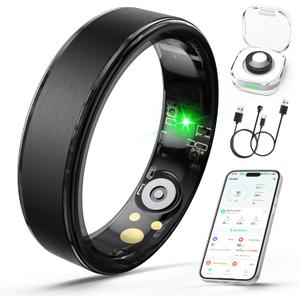 Smart Ring for Women Men, Health Fitness Tracker Ring with Heart Rate/Sleep Tracker/Blood Oxygen/HRV/Stress/Calorie/Steps, IP68 Waterproof for iOS & Android, No APP Fees(Black,9#)