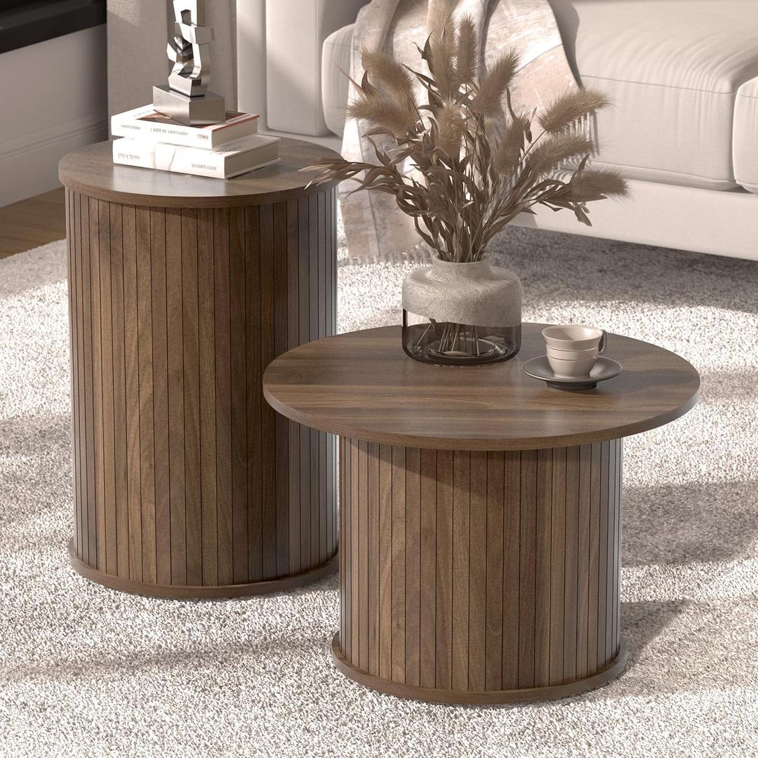 Set of 2 Round Nesting Coffee Tables for Living Room, Fluted Circle Walnut Wood Coffee and End Table Sets for Apartment, Small Spaces, Bedroom, Modern Style, Easy Assembly & Maintenance