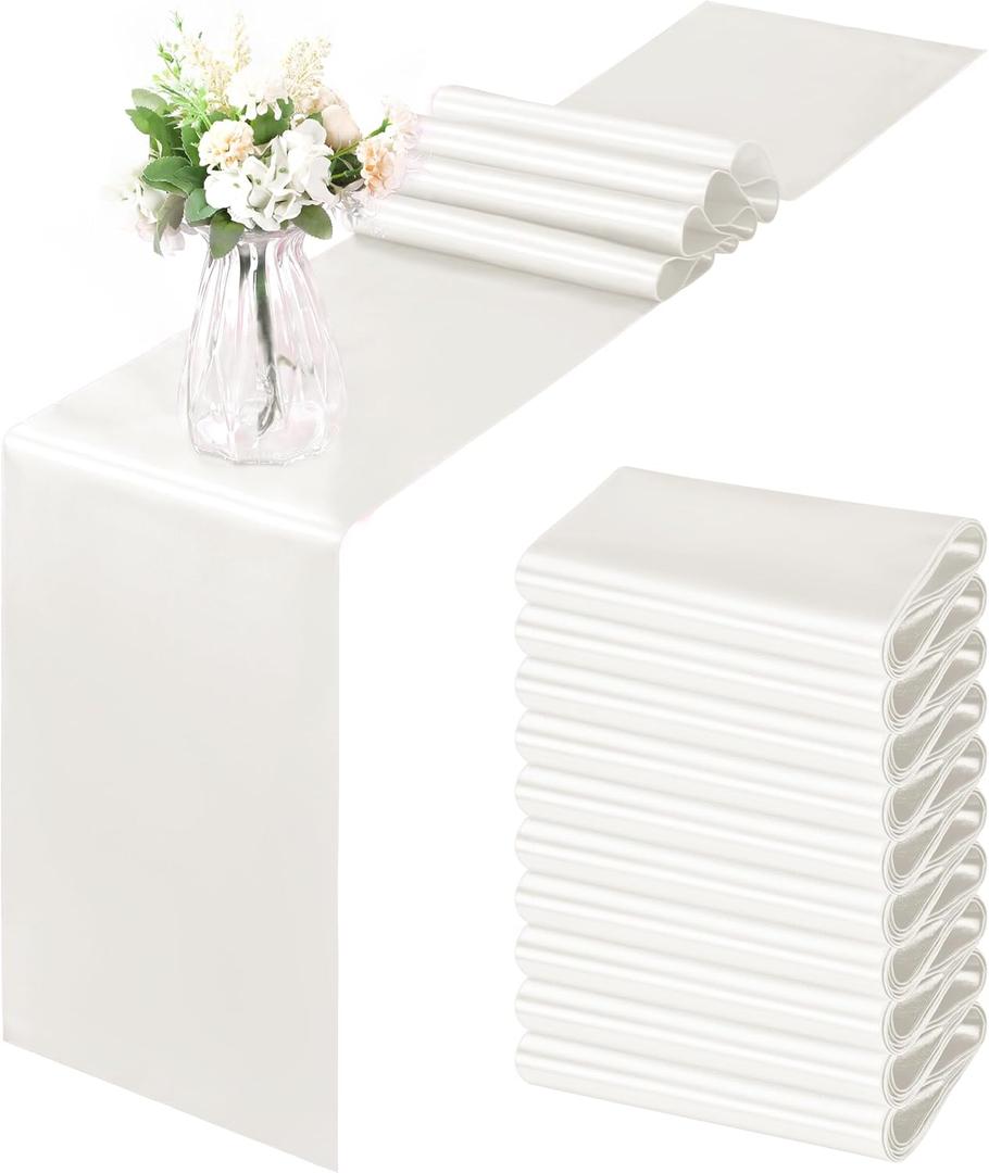 Horbaunal 12 Pack Ivory Satin Table Runner 12 x 108 Inch, Smooth Table Runners for Wedding Banquets, Birthday Party