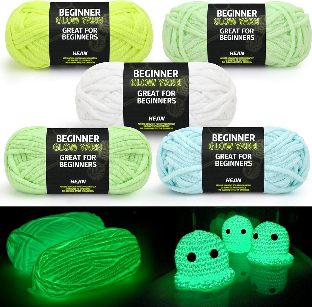 5x50g Glow in The Dark Yarn Set for Crocheting and Knitting; 5x51m (60yds) Yarn for Beginners with Easy-to-See Stitches; Worsted-Weight Medium #4; Beginners Crochet Kit