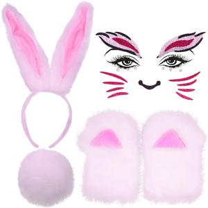 Christmas Reindeer Antlers Headband,Tail,Paws,Face Stickers, Halloween Festival Parties Dress up (Bunny White)