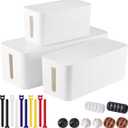 3 Pack Cable Management Box with 18 PCS Cable Management Set - Large & Medium & Small Cable Organizer Box to Hide Wires & Power Strips | TV Cord Organizer Box | for Home & Office, White