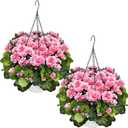2 Sets Artificial Hanging Baskets Flowers for Outdoors, Already Assembly Silk Flower with Hanging Baskets UV Resistant Realistic for Spring Summer Garden Porch Yard Patio Outside Decor, Pink