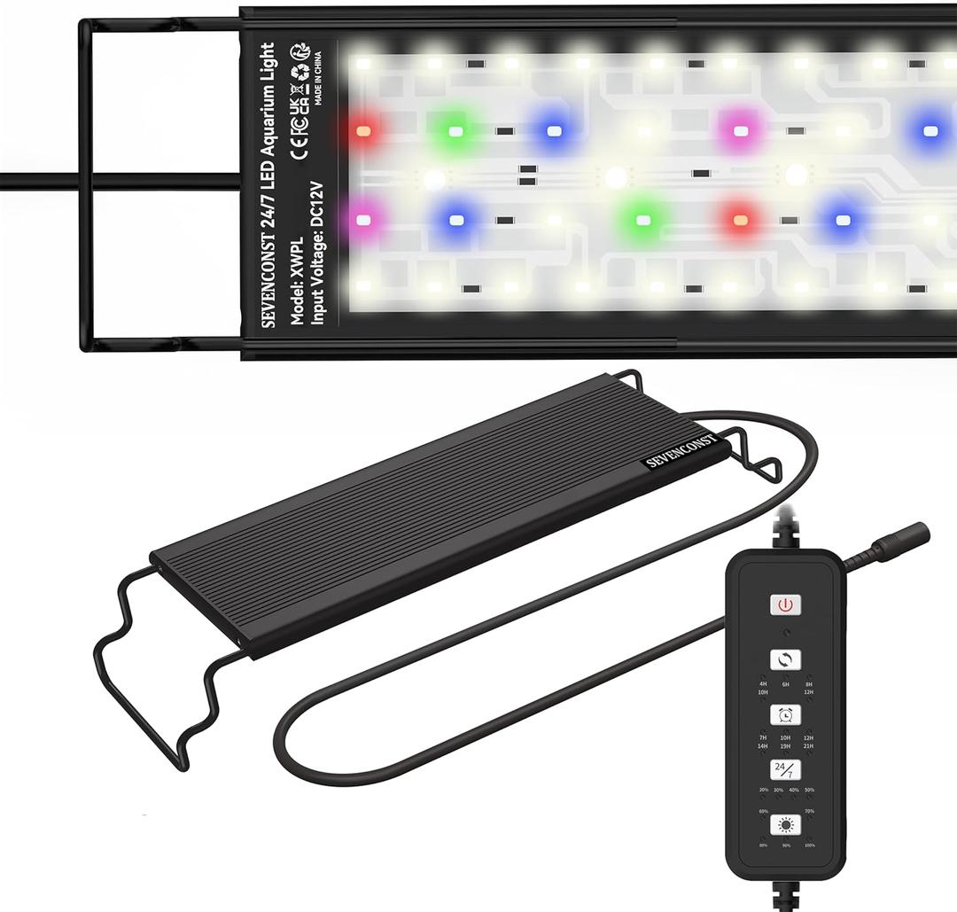 24/7 Mode LED Aquarium Light for 12-18 Inch Plant & Fish Tank, IP68 Full Spectrum Light, Sunrise-Daylight-Moonlight, White Red Green Blue Pink LEDs with Extendable Brackets for Freshwater