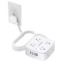 10 Ft Surge Protector Power Strip - YISHU 8 Widely Outlets with 4 USB Ports, 3 Side Outlet Extender with 10 Feet Flat Extension Cord, Ultra Flat Plug, Wall Mount, Desk USB Charging Station, ETL, White
