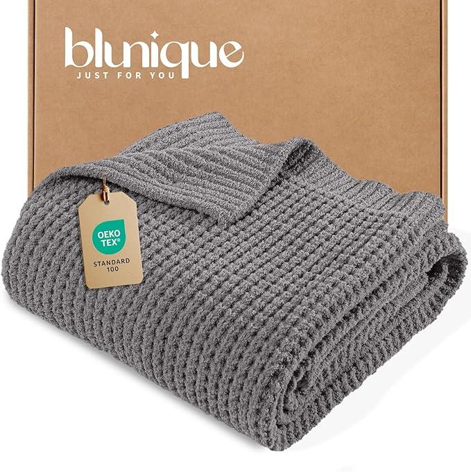 blunique Waffle Knit Twin Blanket, Luxury Cozy Chunky Knit Twin Blanket for Couch, 60 x 80 Inch Thick Ultra-Soft Feather Yarn Knitted Blankets for Sofa, Bed, Home Decor - Grey