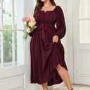 SCOMCHIC Women Plus Size Maxi Dress Long Sleeve Square Neck Wedding Guest Cocktail Belted Elegant Flowy A Line Long Dresses Burgundy 4XL