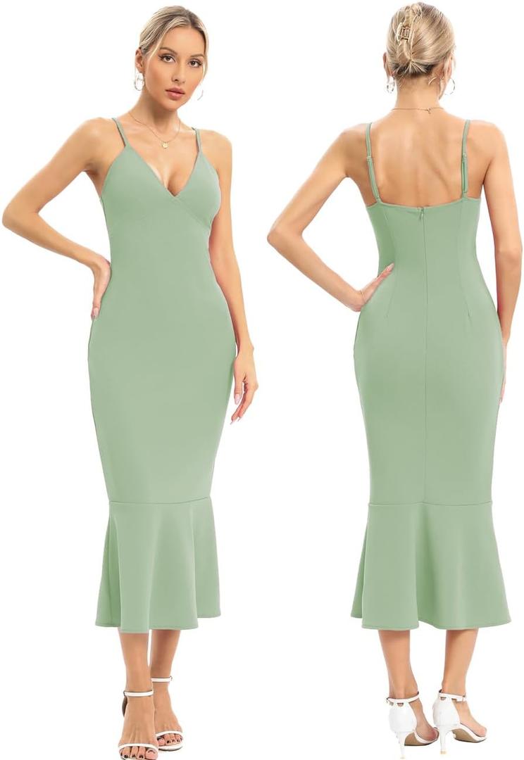 JLCNCUE Women's Spaghetti Straps V Neck Bodycon Mermaid Dress Elegant Ruffles Midi Dress Cocktail Evening Party Dress 325 (Green, M)