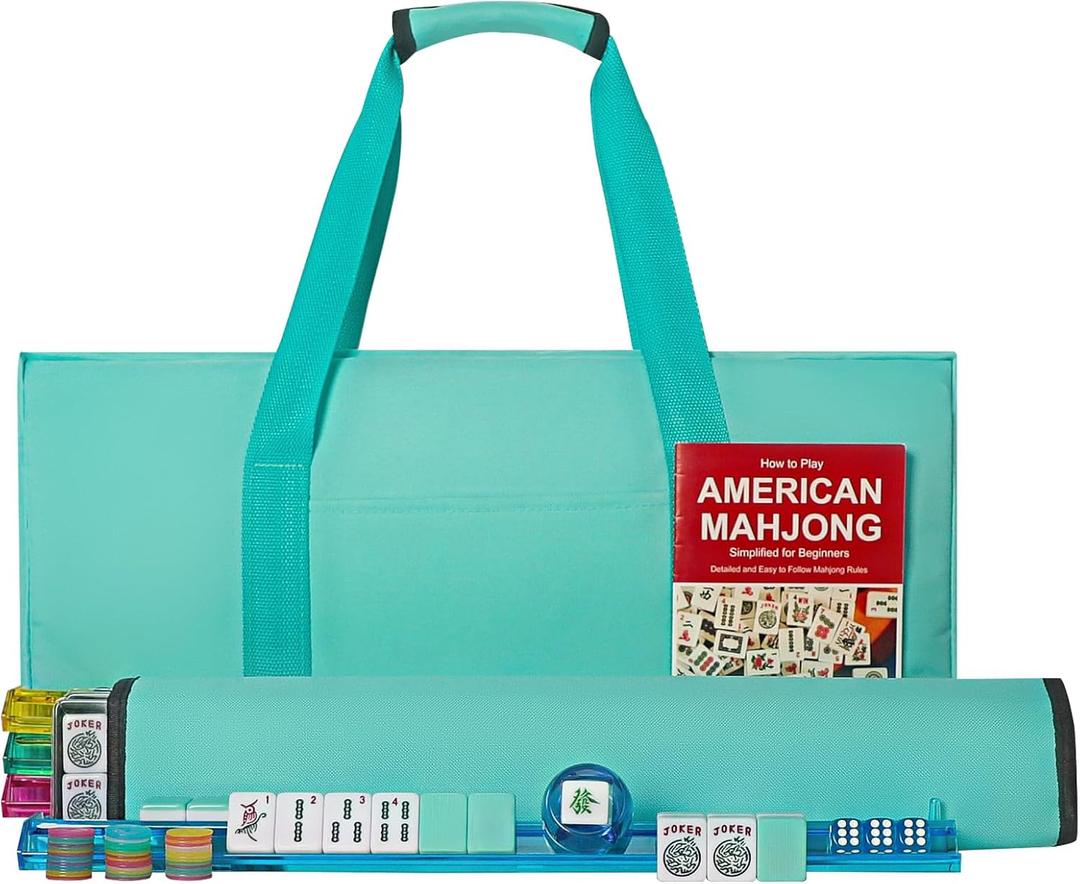 American Mahjong Game Set, 166 Light Green Tiles, 4 All-in-One Color Rack/Pushers, Complete Mahjong Tile Set, Light Green Carrying Bag
