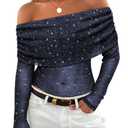 FEMLE Women Sparkly Off The Shoulder Sheer Mesh Tops Glitter Star See Through Long Sleeve Foldover Top Party Concert Outfits Dark Blue L