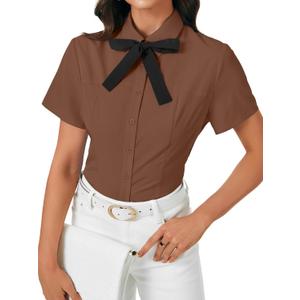 Rooscier Women's Collared Bow Tie Shirt Button Down Short Sleeve Elegant Work Business Blouse Top (Brown, S)