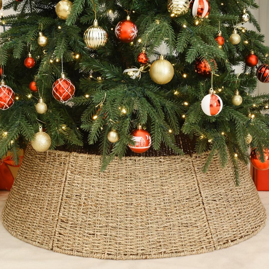 Rocinha 32 in Extra Large Rattan Christmas Tree Collar Basket - Rustic Handcrafted Christmas Tree Stand Cover Woven Tree Skirt Collar Christmas Tree Decoration Farmhouse Indoor Decorations for Home (Classic Style 32")