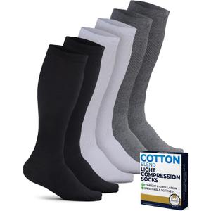 Pembrook Light Cotton Compression Socks for Men & Women - 3 Pairs | 8-15 mmHg Light Compression Socks for Men, Comfort and Support (Large, Black/White/Gray - 3 Pairs)