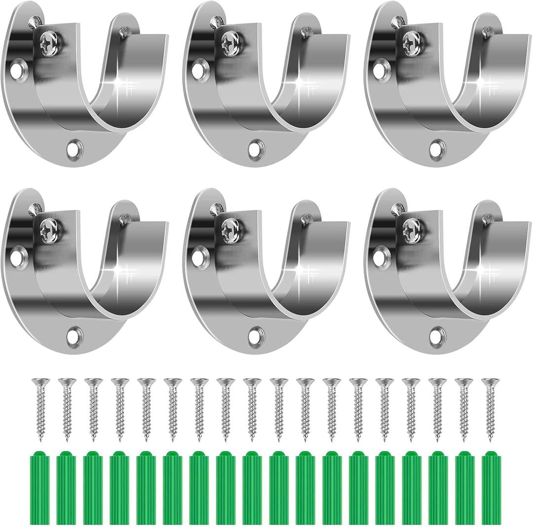 6-Pack Stainless Steel Closet Rod Brackets, U-Shaped Heavy Duty Flange Sockets for 1-1/4 Inch Rods, Rust-Proof Closet Rod Holders with 18 Screws & Anchors | Wardrobe, Kitchen, Balcony
