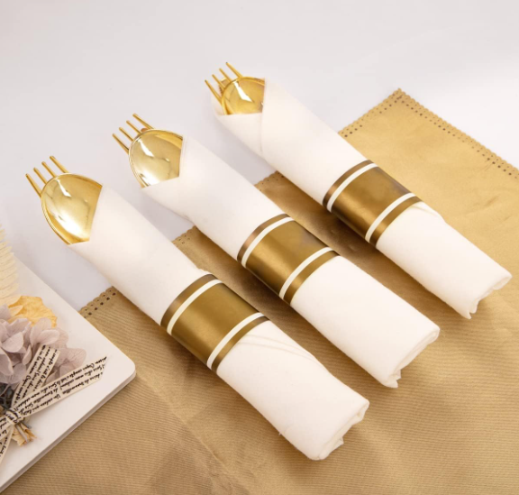 Supernal Pre Rolled Napkin with Gold Plastic Silverware Set of 5 pack, Disposable Gold Silverware with Linen Napkin, Heavy Weight, Wrapped Plastic Silverware Suit for Wedding, Catering Event, Party