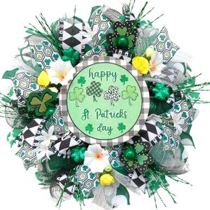 18 Inch St Patrick's Day Wreath for Front Door Green Mesh Wreath with Shamrock, Irish St Patricks Day for Indoor Outdoor Decorations Wall Home Decor
