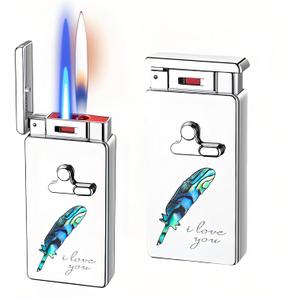 Smart Butane Torch Lighter, 5 Ignition Methods, Voice Controlled Dual Flame Lighter with Jet Blue Flame and Open Flame Options, Windproof Refillable Lighters (Without Gas) (Feather) (Bright Silver)