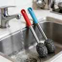 2PCS Steel Wool Scrubber with Handle Rustproof, Cast Iron Scrubber, Stubborn Messes Pot Brush, Remove Dirt for Cleaning Stoves,Sinks Dishes Grills Bowls & Metal Wire Sponge for Kitchens,Bathroom