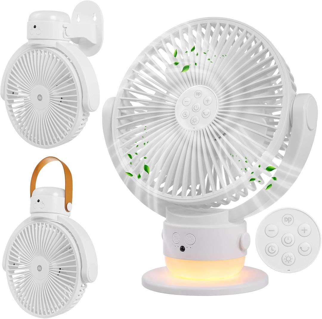 OGZ Portable Fan for Travel Wireless with Remote Timer, 7 Inch Small Desk Fan with LED Night Light 90 Oscillation, Rechargeable USB Fan for Cruise Bed Beside Sleeping Camping Tent (White)