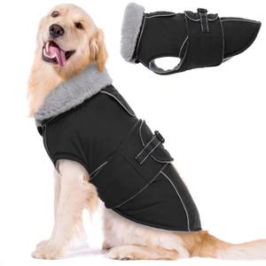 Lelepet Warm Dog Coats for Large Dogs Waterproof Dog Jacket Reflective Pet Fleece Vest Windproof Cold Weather Coats with Adjustable Buckle & Leash Hole, Black, XL