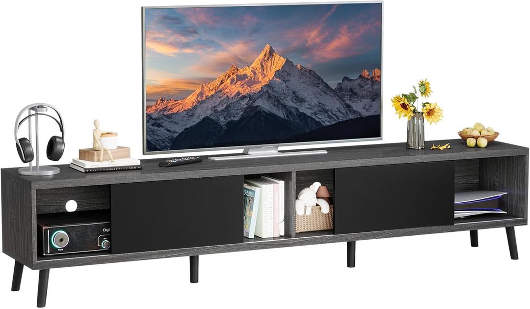 Clikuutory Mid Century Modern 70 Inch TV Stand with Two Large Storage Space for 50 55 60 65 70 75 80 Inch TVs, TV Console with Two Sliding Door, Entertainment Center for Bedroom, Grey
