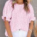 Dokotoo Floral Print Blouses for Women Crewneck Smocked Puff Sleeve Shirts Casual Babydoll Tops (Pink, XXL)