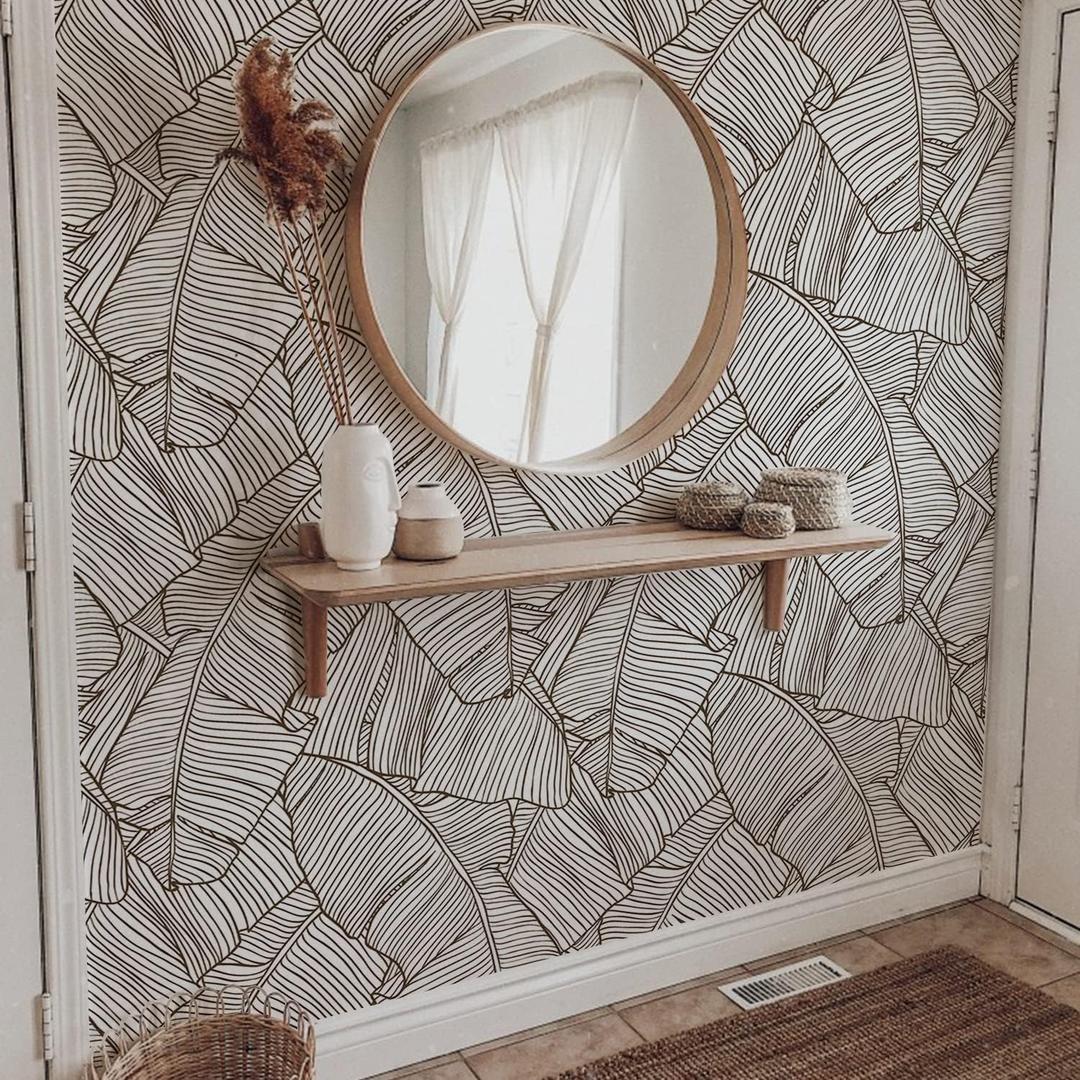 Peel and Stick Sketch Banana Leaves Wall Mural, Leather Textured Vinyl Self-Adhesive Wallpaper for Bedroom Living Room Accent Wall Decor, Mocha Line & White
