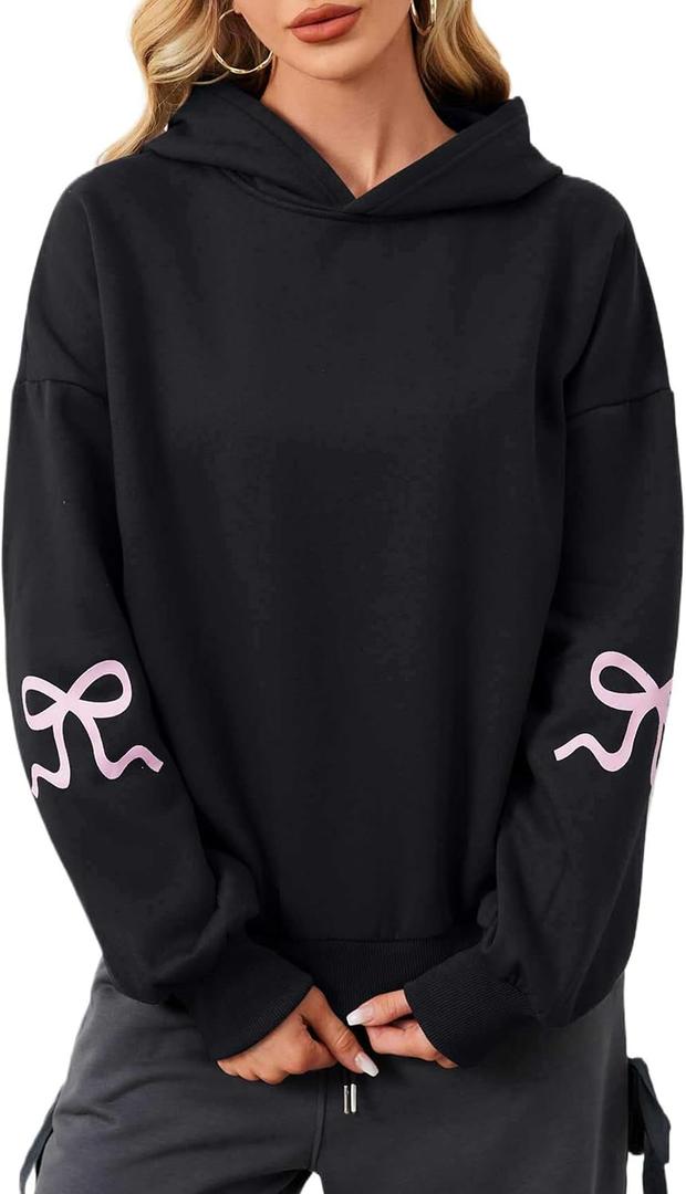 Womens Bow Graphic Hoodie Cute Bow Sweater Oversized Long Sleeve Fleece Sweatshirt Drop Shoulder Pullover Tops Black (Black, S)