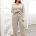 Blooming Jelly Women Plus Size Pajamas Sets Cute Lace Lounge Set Long Sleeve Pj Sets V Neck Loungewear Fall Outfit (Large, Apricot)