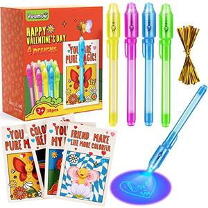 28 Packs Valentines Day Gifts Cards with Invisible Ink Pen Set, Party Favors for Kids Birthday, Spy Pen Party Supplies, Valentine School Classroom Exchange Prizes for Students, Gifts for Boys Girls