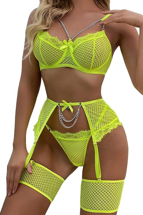 Aranmei Women’s Sexy Eyelash Fishnet Lingerie Set Chain Babydoll Underwire Bra and Panty Sets with Garter Belt 4 Pieces XL