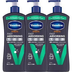 Vaseline Men 3in1 Body, Face & Hands Fast Absorbing Body Lotion for dry skin with 48H Moisture + Ultra Hydrating Lipids 600 ml