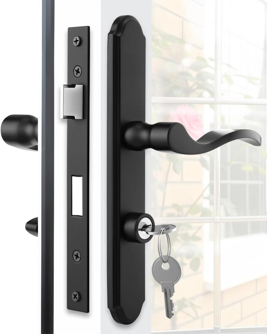 Flat Slot Storm Door Handle Complete Set, Mortise Keyed Lever Mount Latch with Deadbolt for Screen and Storm Doors (Matte Black)