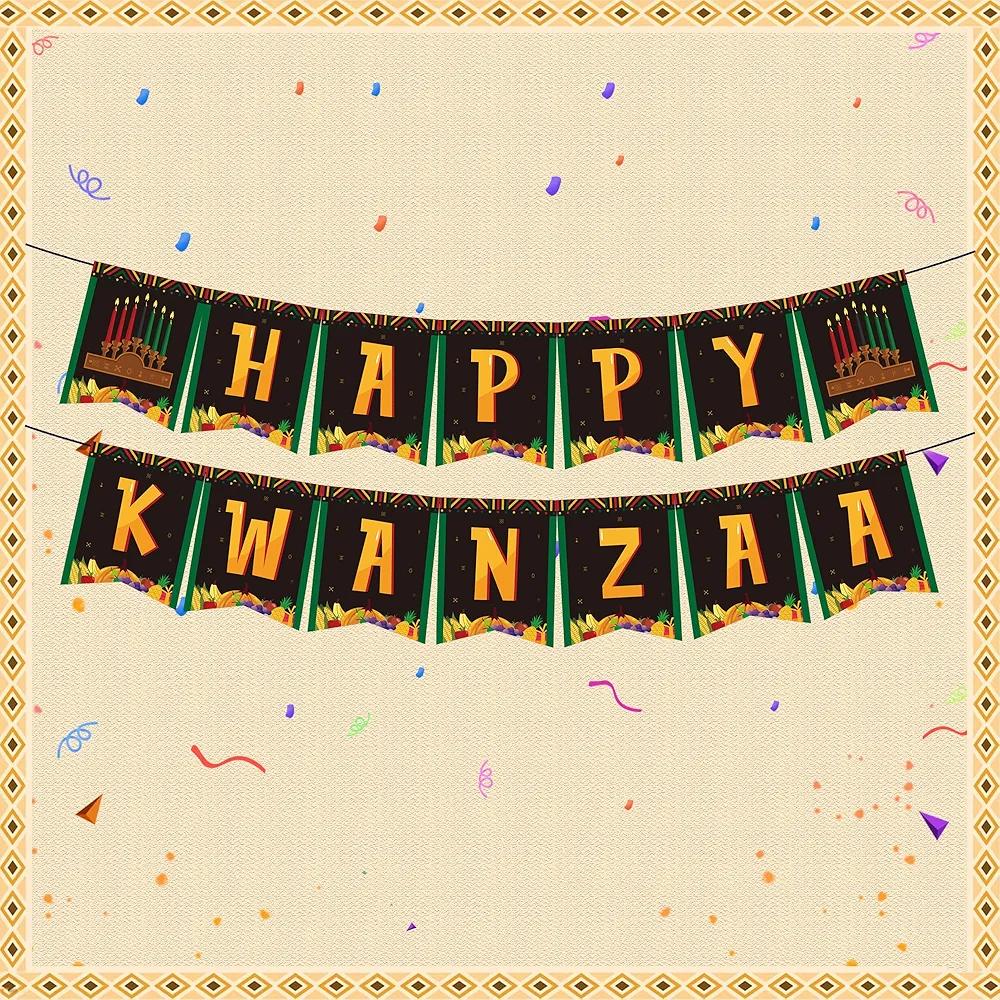 2 Pack Glodecart Happy Kwanzaa Banner for Home Office Party Decorations, Black African Heritage Holiday Theme Party Banner Backdrop for Kwanzaa Party Decorations Photo Props Party Supplies Hanging Ornaments