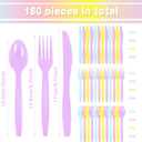 180 Pieces Pastel Plastic Silverware Heavy Duty Plastic Cutlery Set Heavyweight Disposable Utensils Includes Spoons Forks Knives for Birthday Wedding Party Dinner, Macaron Colors