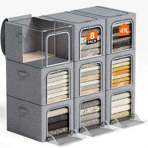 8 Pack Clothes Storage Bins with Metal Frame Foldable Clothing Storage Bins with Lids 49L Stackable Storage Box for Closet Fabric Organizer with Clear Window for Sweaters T-Shirts Bedding,Light Grey