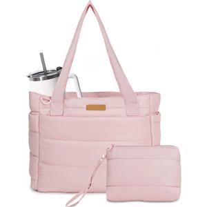 FHELAD Lightweight Puffer Tote Bag for Women, Quilted Shoulder Bag with Laptop Compartment, Travel, Work, School, Teacher | 15.6" Laptop Sleeve, Foldable Design, Cup Holder Pocket, Daily Carry On Bags