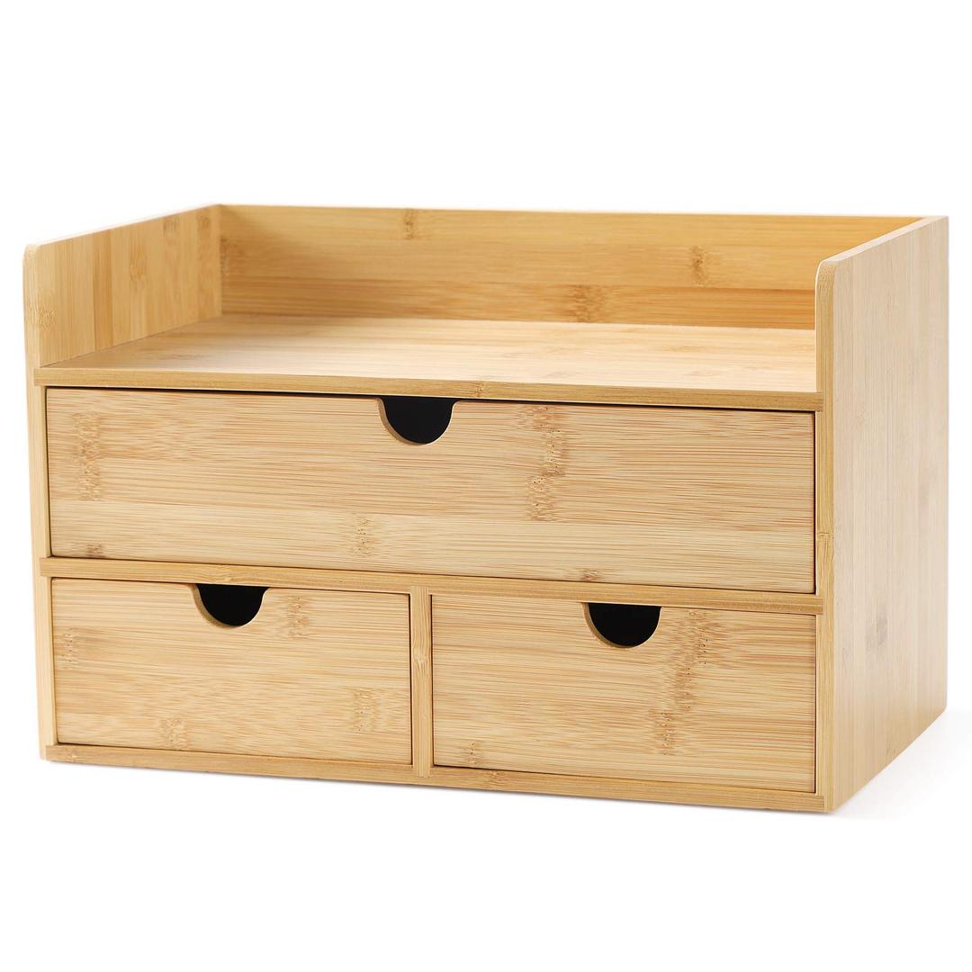 Bamboo Desk Organizer with Drawers, 3-Drawer Desktop Storage Box | 3 Drawers Open Top Tray Fully Assembled Stores Pens, Notes, Makeup, Jewelry & Toiletries for Office, Vanity & Bath