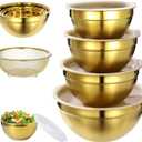 5 PCS Golden Mixing Bowls, Stainless Steel Salad Bowls with Airtight Lids, Mirror Finish Nested Mixing Bowl Set with Mesh Strainer, 4 Bowl Sizes for Baking, Meal Prep, Food Serving