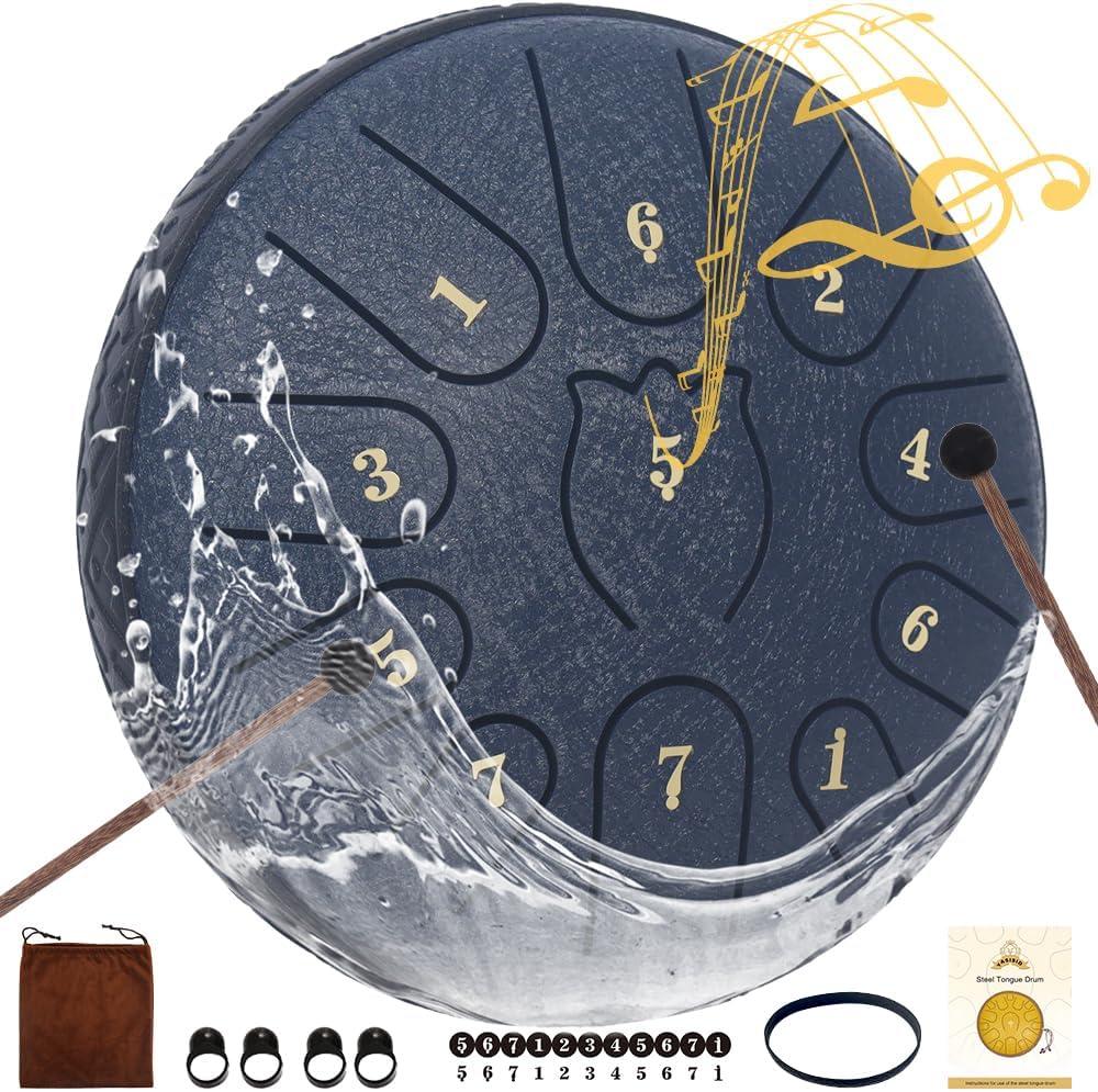 Rain Drum for Outside Garden,Steel Tongue Drum 6 Inche 11 Note Steel Drums Rain Chime,Raindrop Drum,with Soft Bag,Music Book,2 Mallets (Navy Blue)