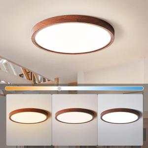HEYAN Walnut Wood Flush Mount Ceiling Light Fixture,16 Inch Dimmable LED Ceiling Light with 3000K-4000K-6000K Selectable Flat Low Profile Round Ceiling Lights for Bedroom Hallway Laundry (1 Pack)