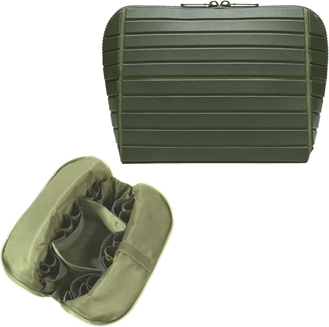 Travel Makeup Organizer Bag with Fold-Down Design and Adjustable Dividers, 27 Pockets & 3 Brush Storage Holders, Large Capacity Cosmetic Bags Toiletry Case - Dark Green