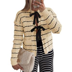 Saodimallsu Womens Striped Tie Front Cardigan Sweaters Crew Neck Long Sleeve Cable Knit Bow Knot Trendy Sweater Tops (Small, Beige)