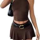 Verdusa Women's Y2k Skirt Sets 2 Piece Outfits Going Out Set Backless Halter Top and Ruffle Mini Skirt Sets (Medium, Coffee Brown)